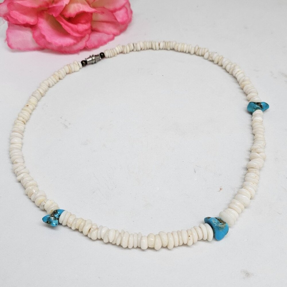 Genuine White Puka Shell Turquoise Nugget Necklac… - image 4
